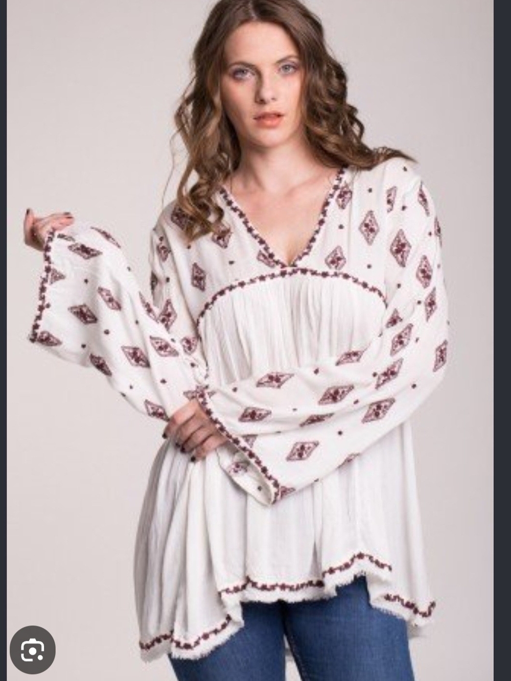 Free People Cream Peasant Tunic with Burgundy Diamond Embroidery
